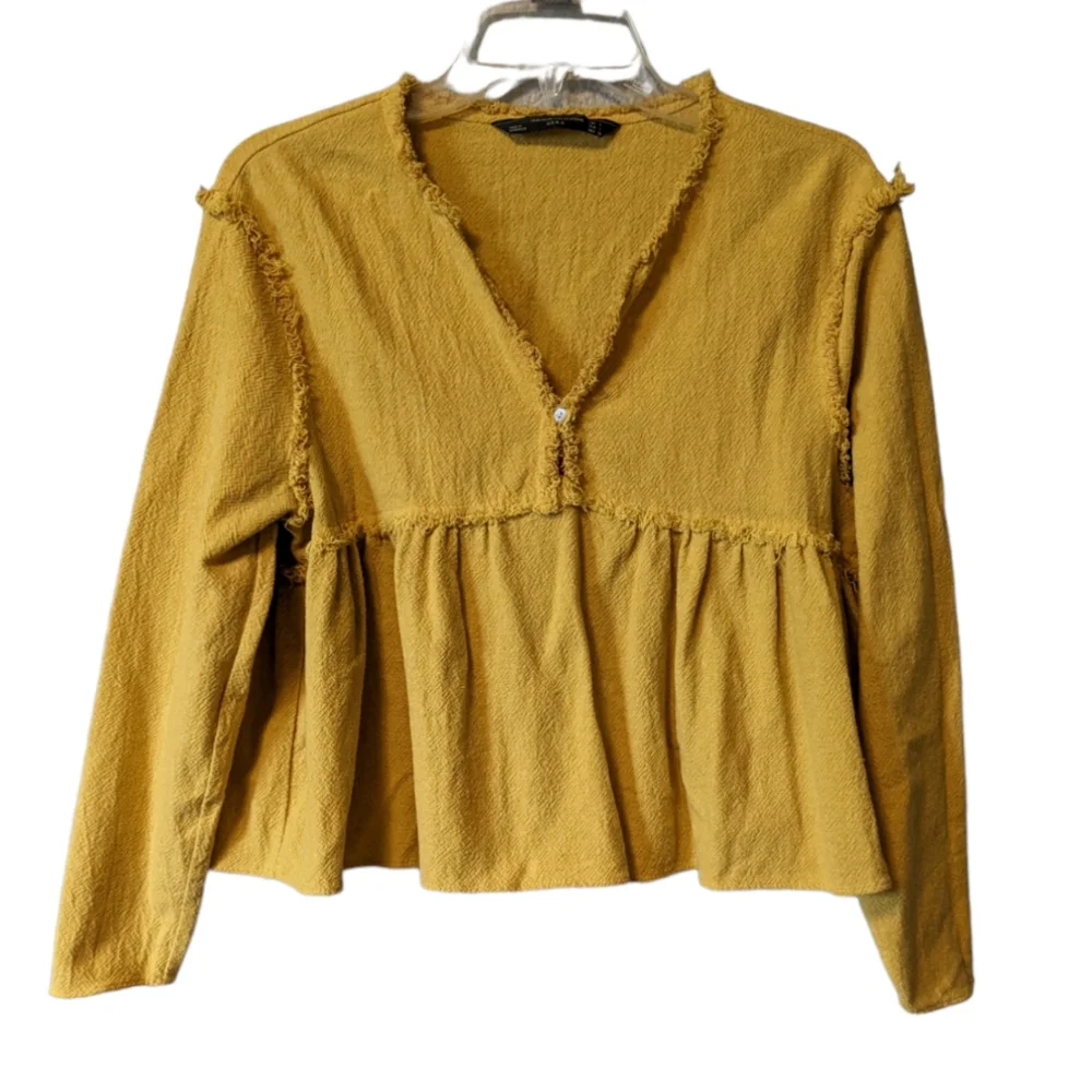 Zara Boho Crop Top Yellow Mustard Babydoll Long Sleeve Sz. L